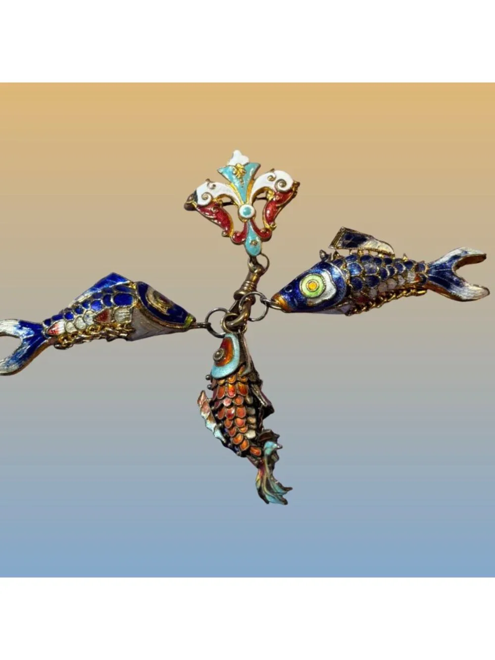 Cloisonné Enamel Three Fish Dangling from Fleur-de-lis brooch Brooch Statement